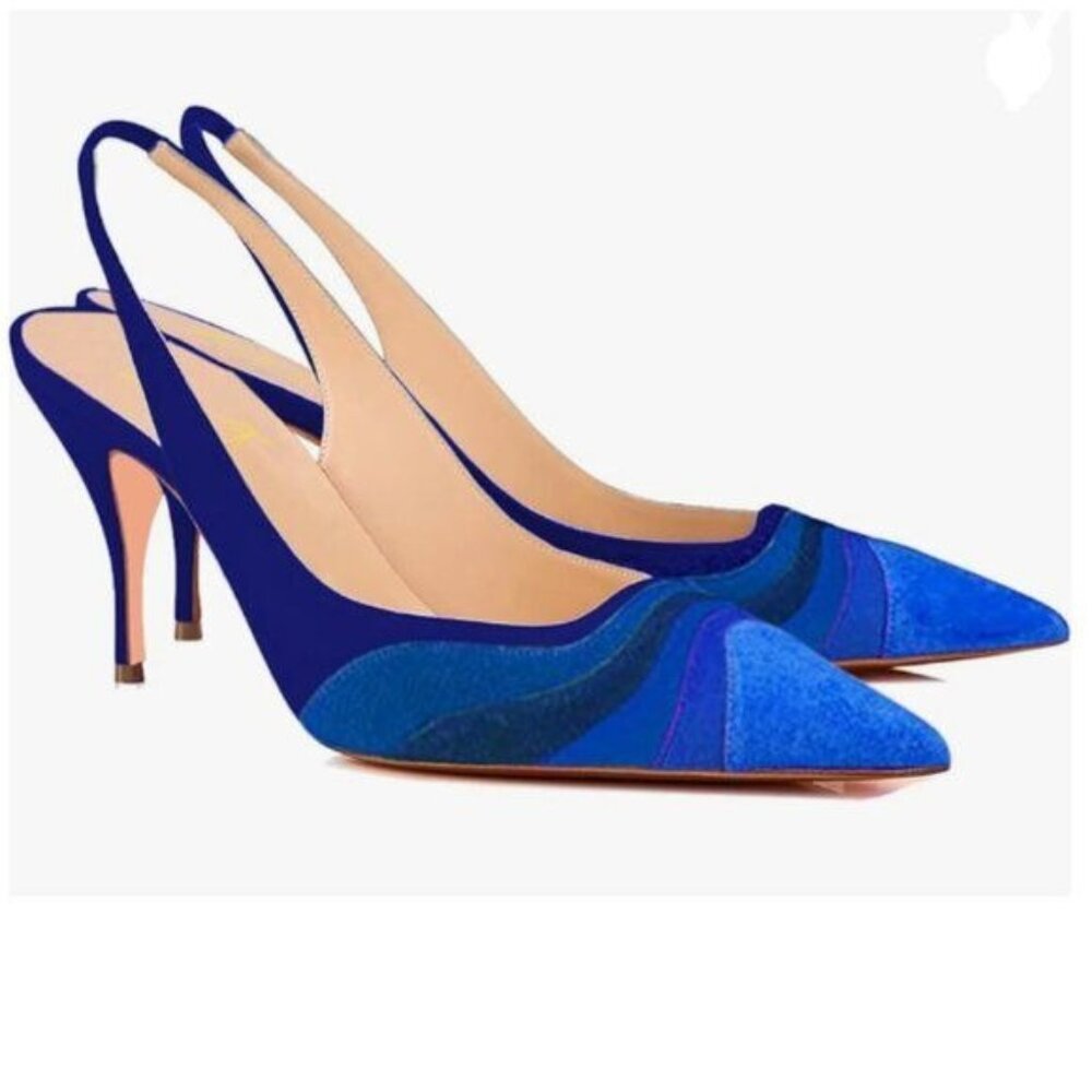 FOWT Navy Pointed Toe Slingback Pumps Rainbow Color Stripes Elastic Band Shoe